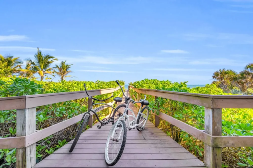 Bikes on the boardwalk leading to the ocean